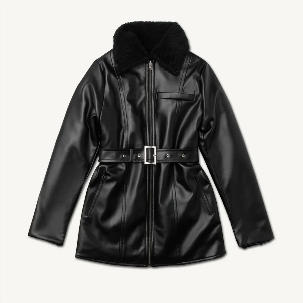 VEILED -Reversible Vegan Leather Sherpa Aviator Coat - Black - Picture 2 of 9